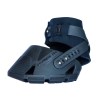 Hoof boot for a barefoot horse. Brand is Flex Hoof Boots, with black gaiter and black back strap.
