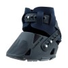 Hoof boot for a barefoot horse with round hooves. Brand is Flex Hoof Boots, with black gaiter and black back strap.